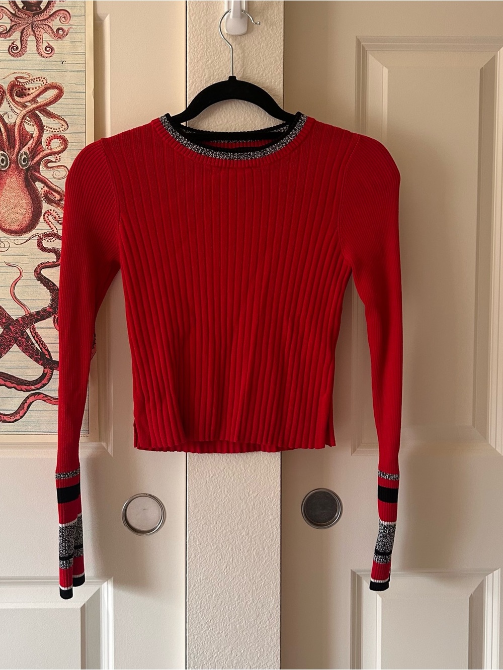 Topshop Red Ribbed Long-Sleeve Knit Top